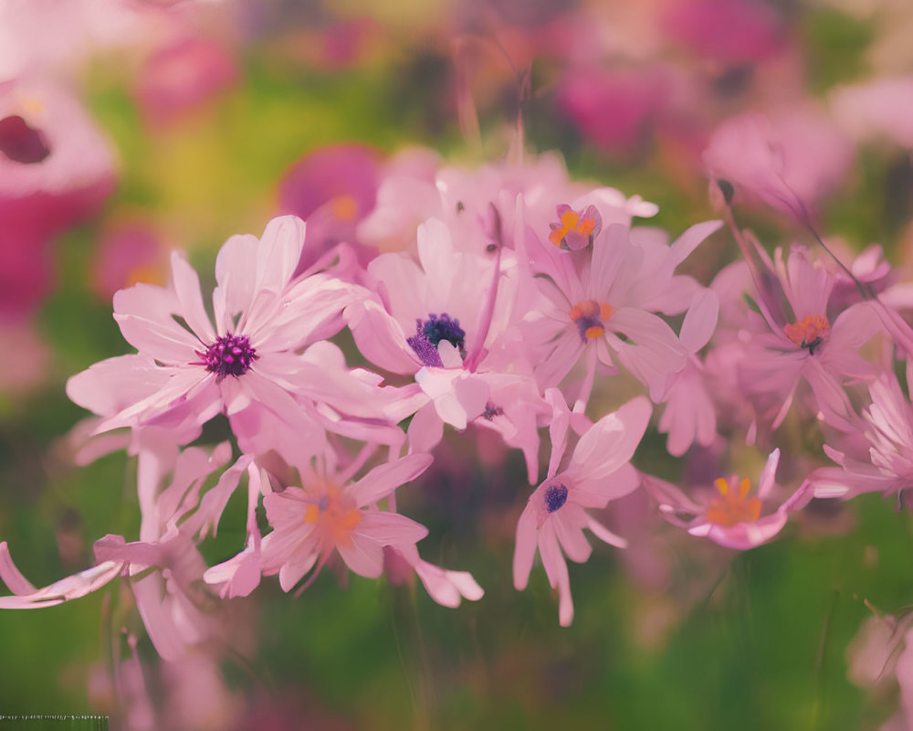 Soft focus pink and purple flower field in dreamy atmosphere