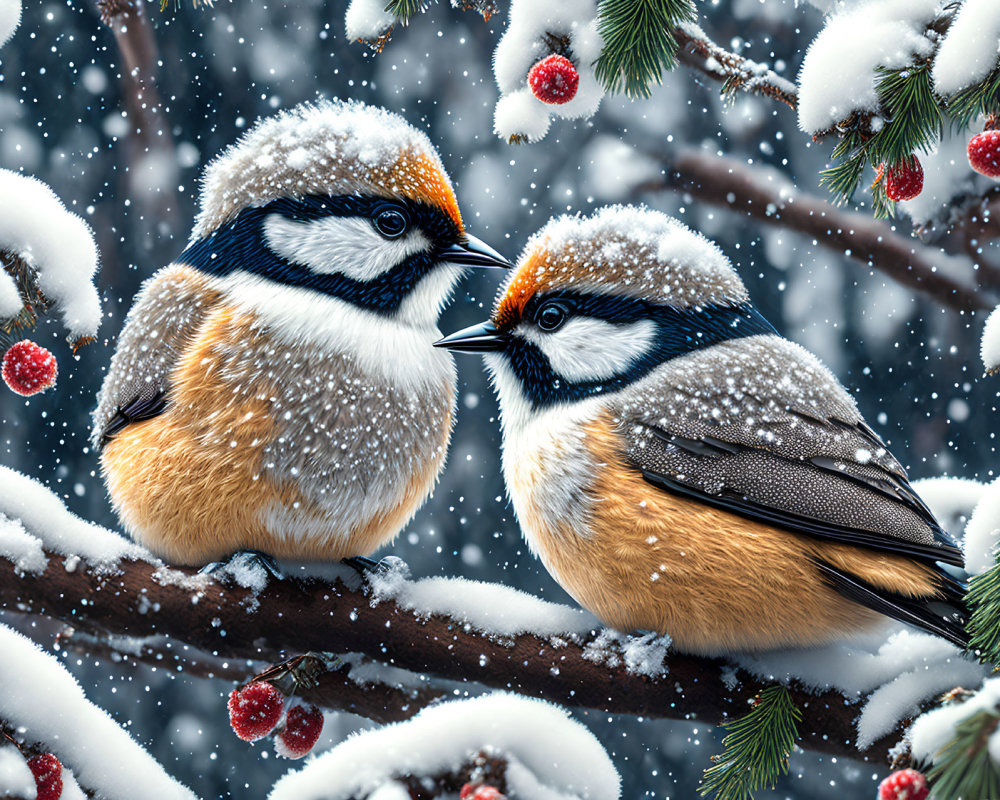 Fluffy birds on snowy branch with red berries and falling snowflakes