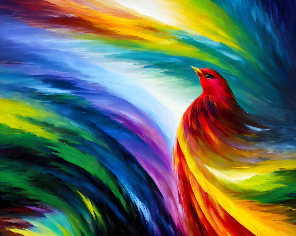 Colorful Abstract Painting of Red Bird with Swirling Background