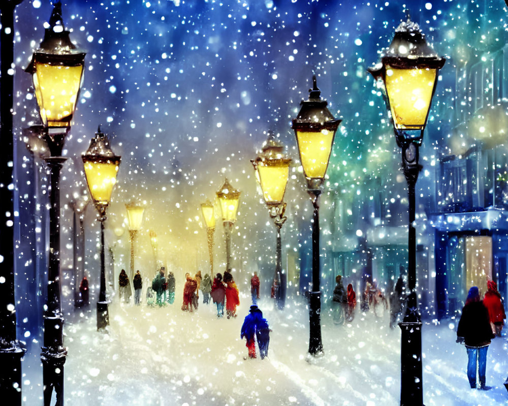 Snowy Night Street Scene with Glowing Lamps and Falling Snowflakes