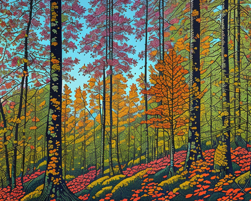 Colorful forest illustration with tall trees and vibrant canopy.