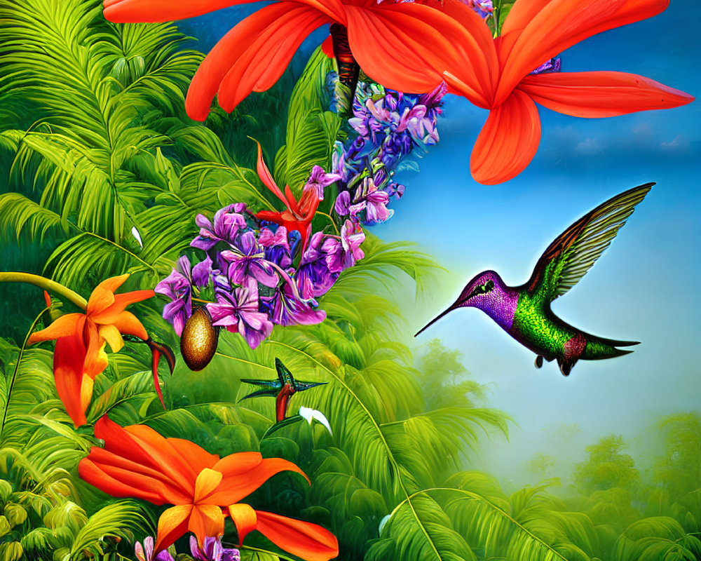 Colorful hummingbirds flying among vibrant flowers in lush green setting