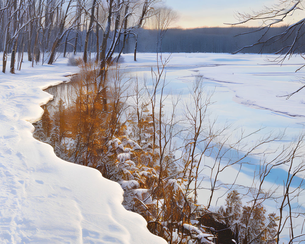 Snow-covered Riverbank with Bare Trees and Golden Shrubs in Winter Sunset