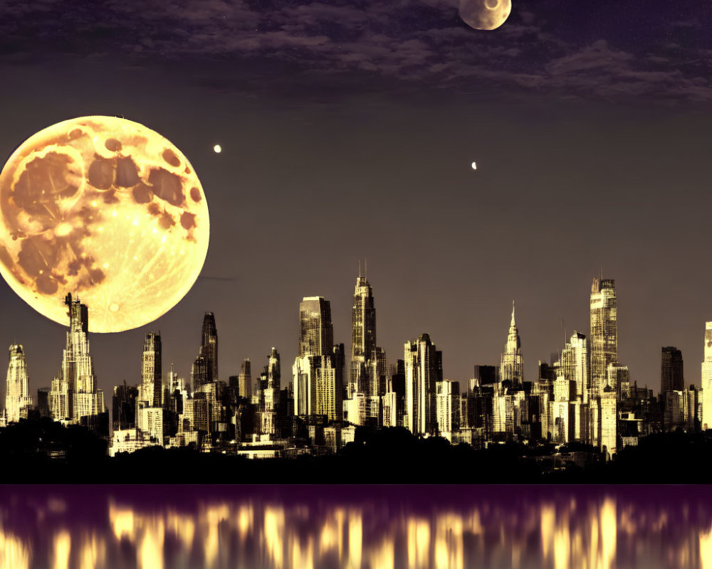 Surreal cityscape at night with oversized moon and planet reflected in water