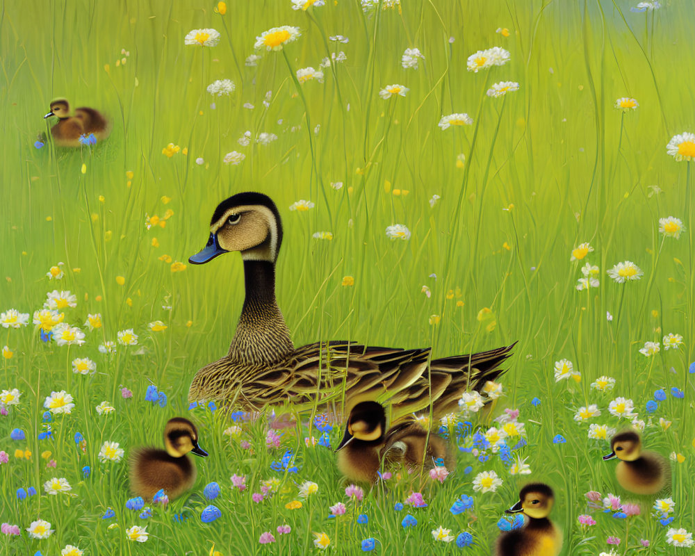 Colorful Meadow Scene with Duck and Ducklings in Digital Illustration