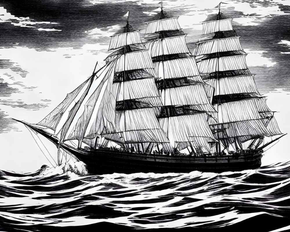 Detailed black and white tall ship illustration on wavy seas with cloudy sky