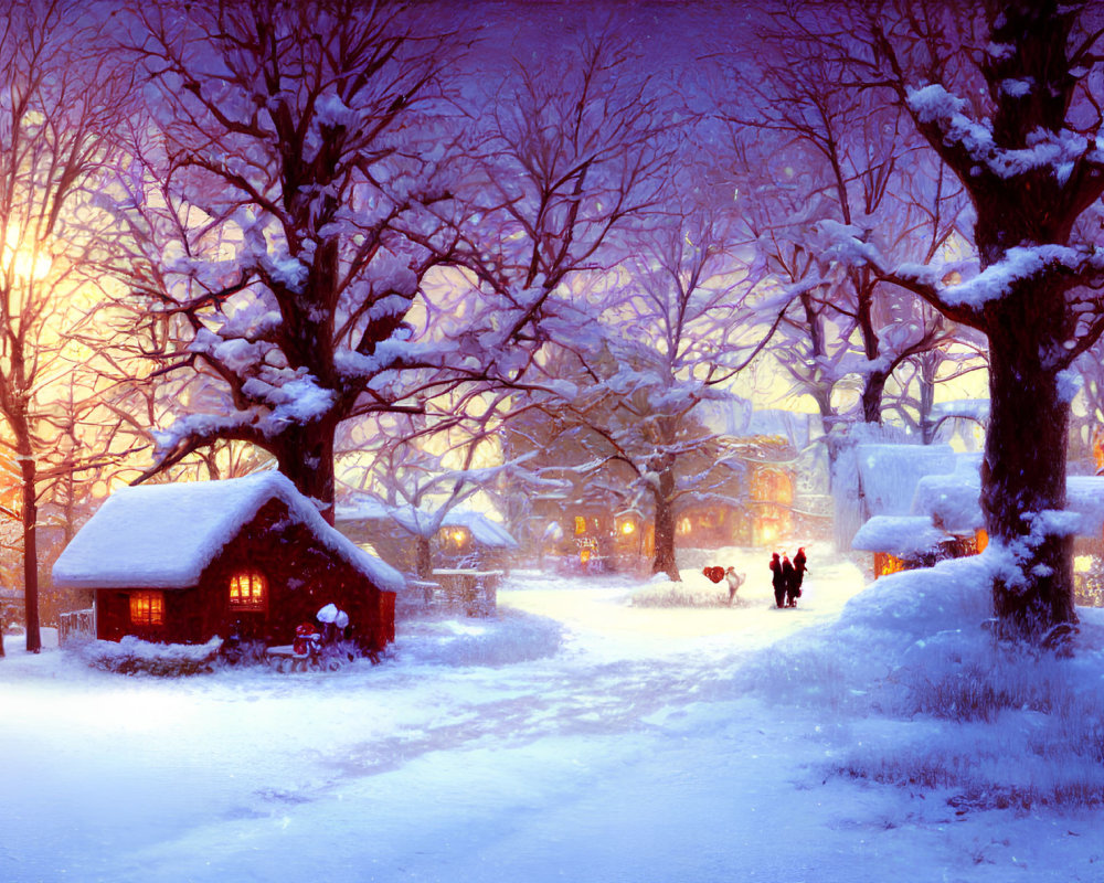 Snowy evening with warm light, cottages, bare trees, and people walking.