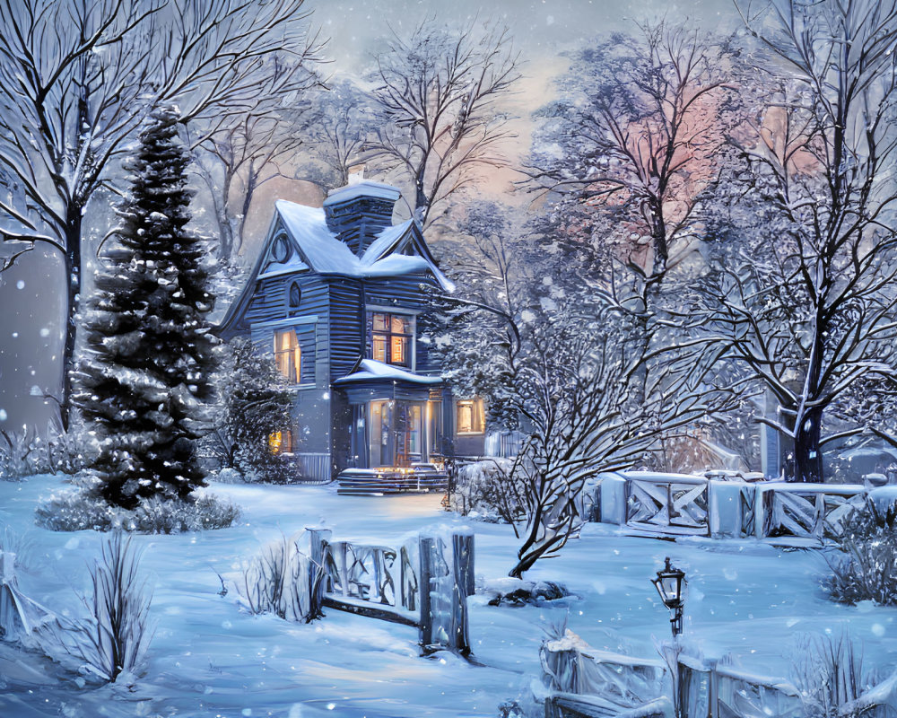 Victorian house in snowy landscape with trees and fence
