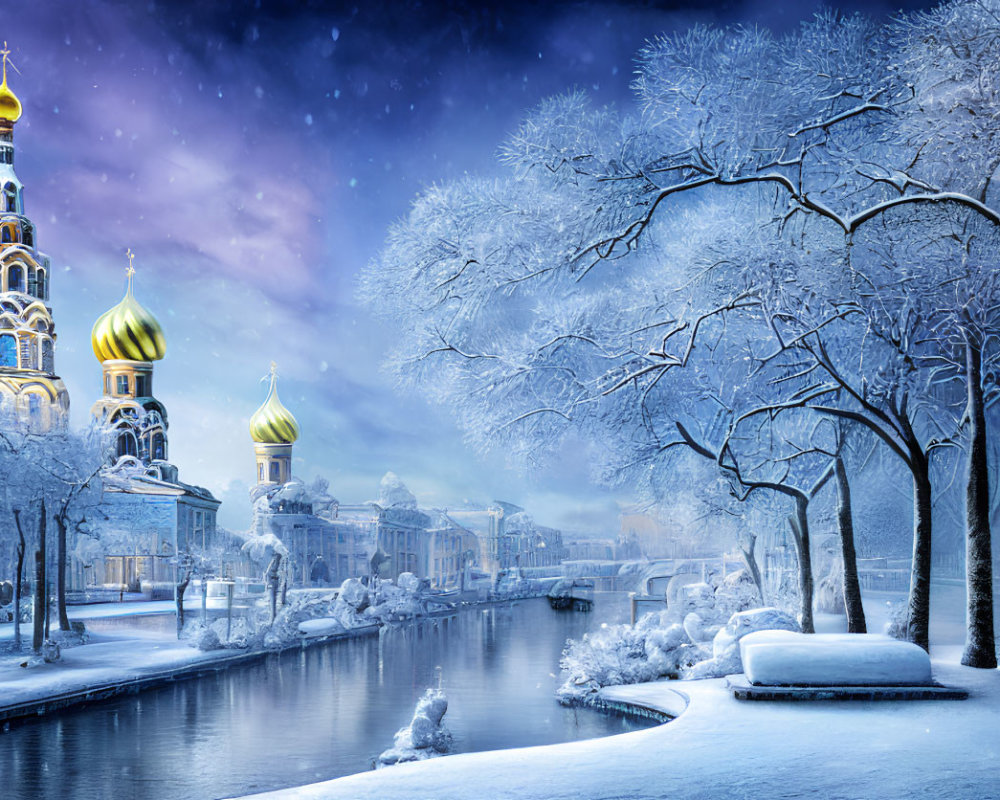 Golden-domed buildings in snow-covered winter scene with frozen river and frost-laden trees under twilight sky