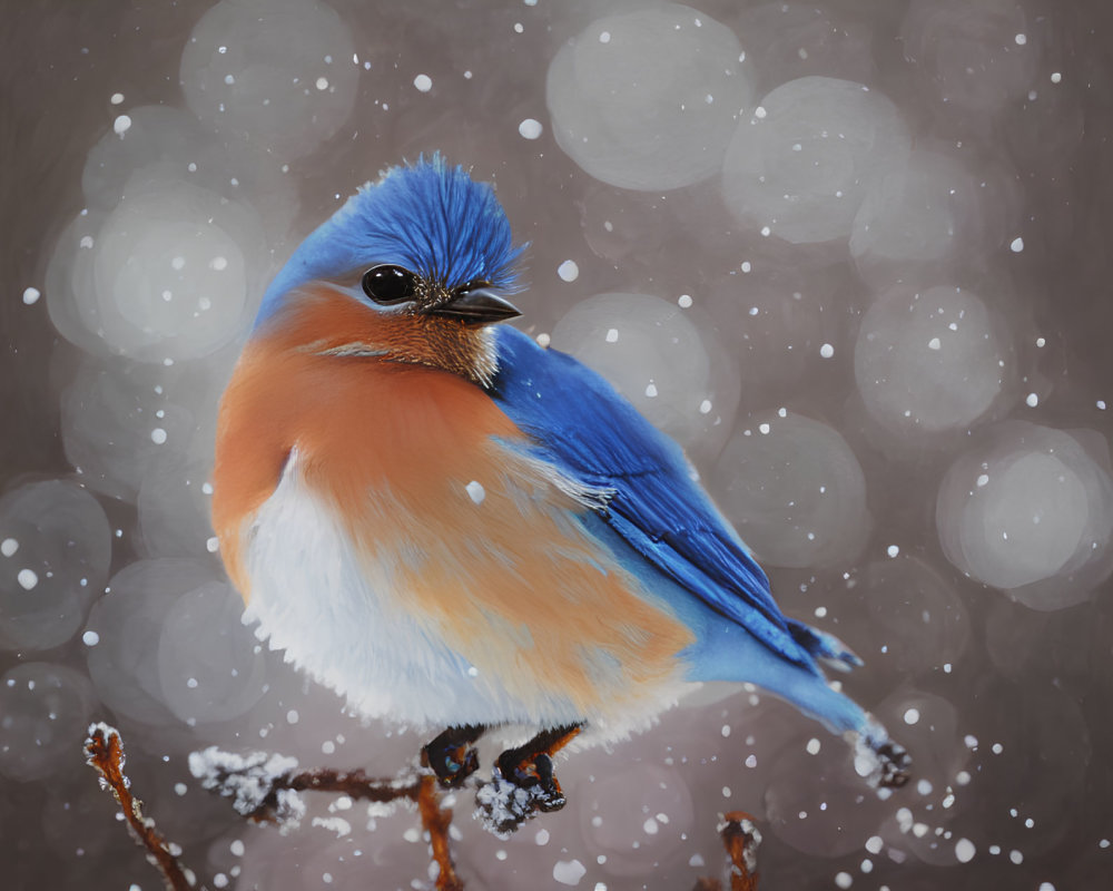 Colorful Bird on Twig with Snowflakes and Bokeh Background