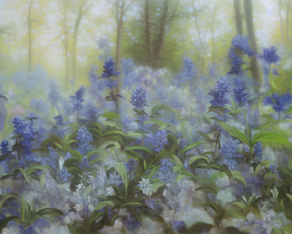 Tranquil forest landscape with blue and lilac flowers in soft-focus trees