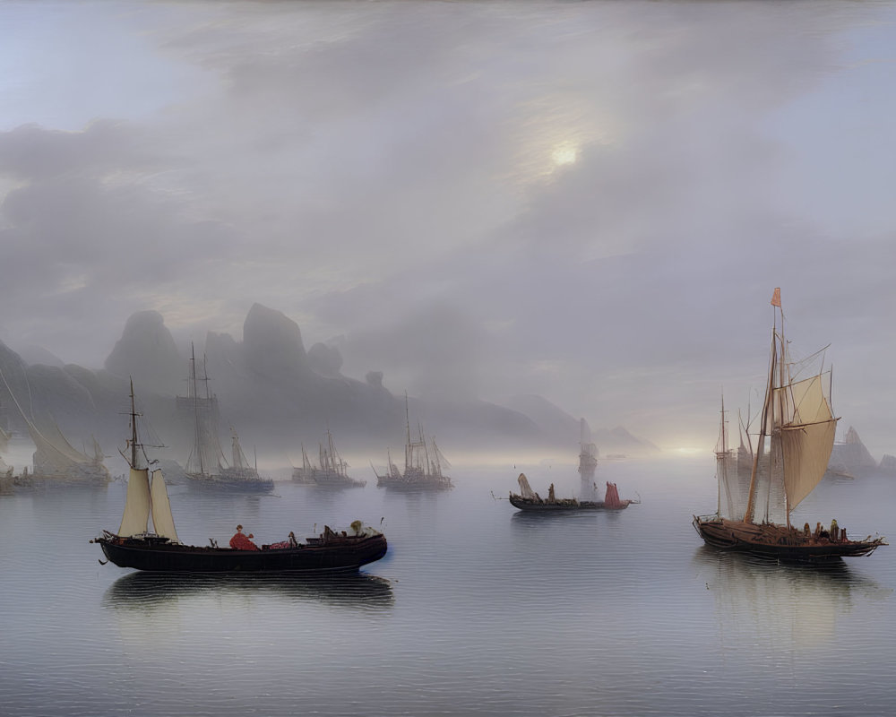 Historic harbor scene with sailing ships and rowboats under subdued sky