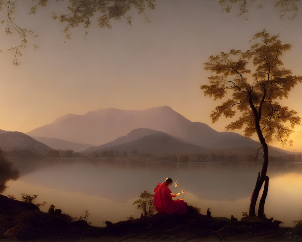 Tranquil Twilight Landscape with Figure in Red Cloak by Calm Lake
