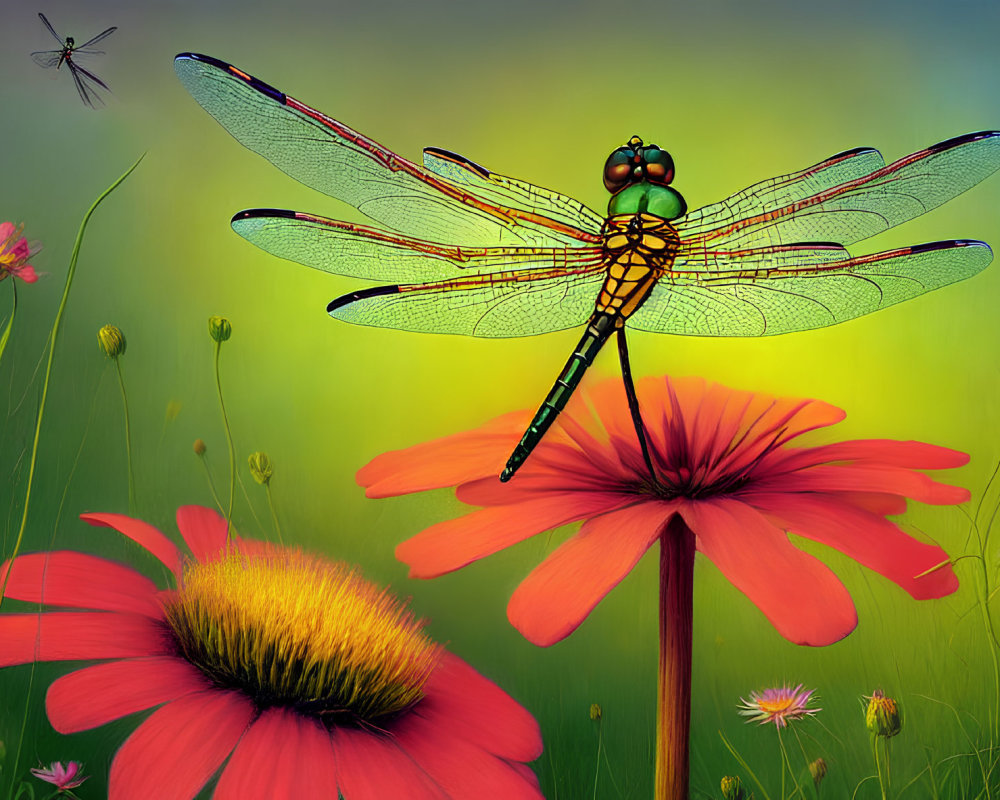 Colorful Dragonfly Resting on Pink Flower with Blurred Green Background