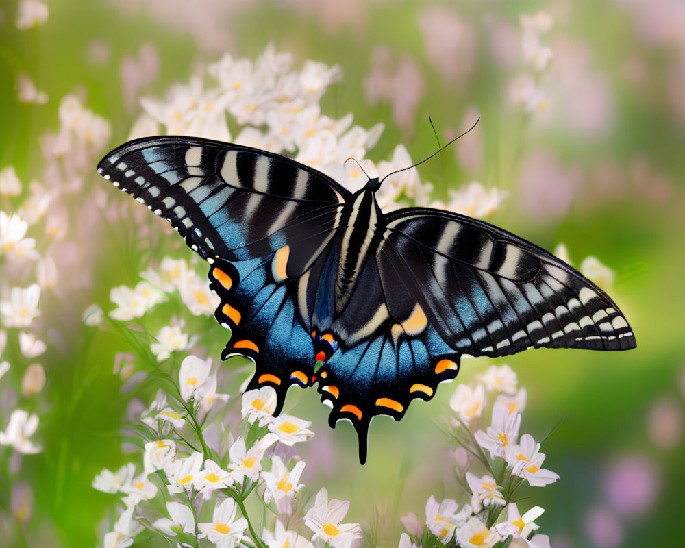 Colorful Butterfly Resting on White Flowers in Vibrant Nature Scene