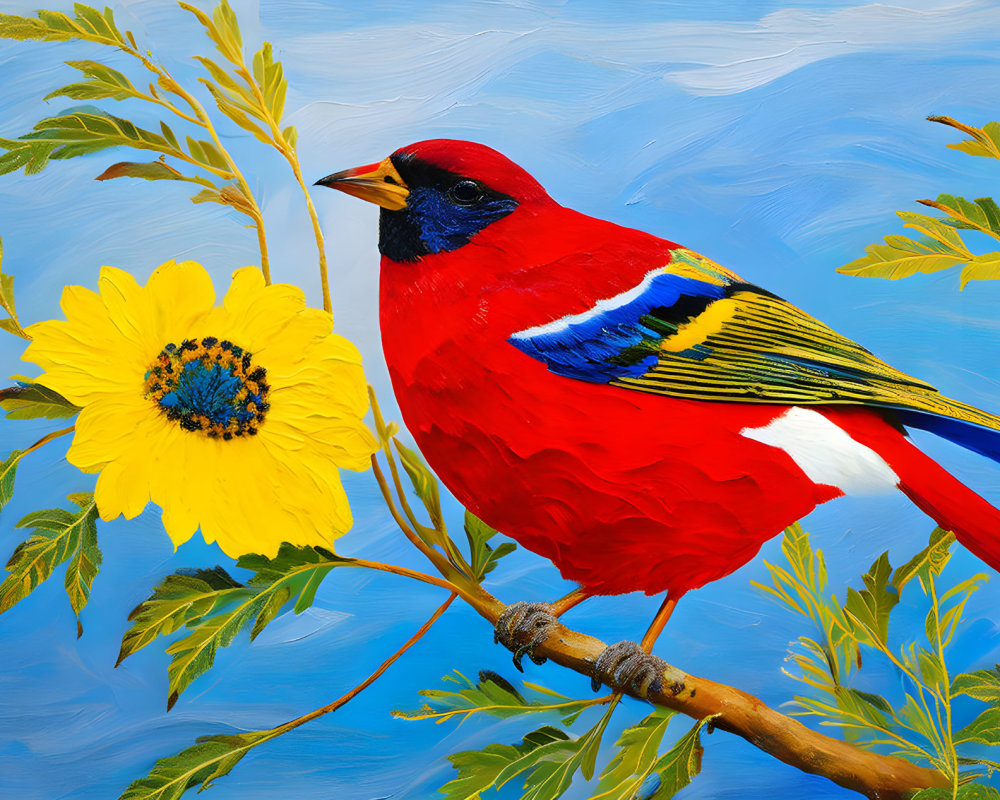 Colorful painting of red cardinal, sunflower, and leaves on blue background
