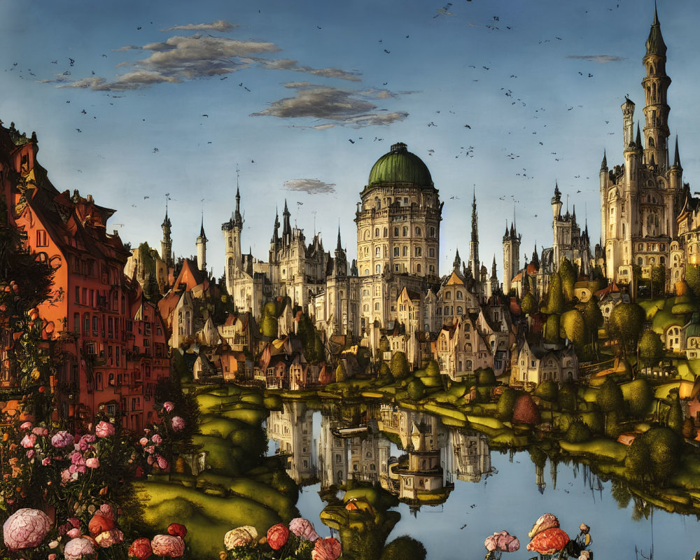 Fantastical cityscape with castle, river reflection, dramatic sky, and vibrant flowers