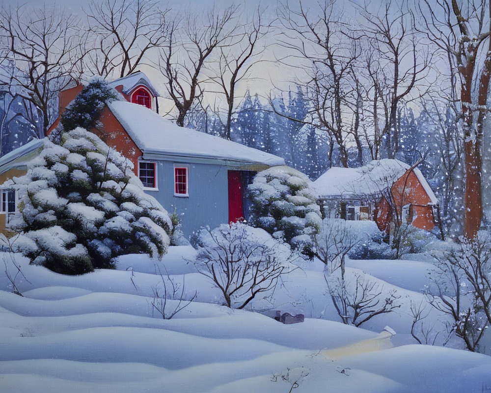 Snow-covered winter landscape with houses and snow-laden trees.