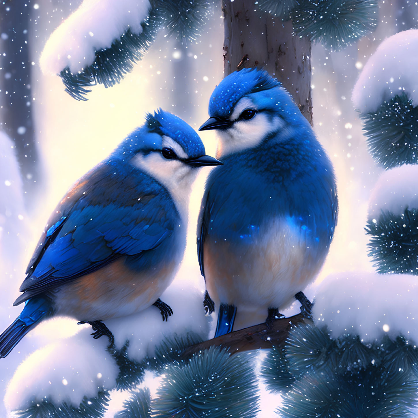 Blue and white birds on snowy branch in soft light.