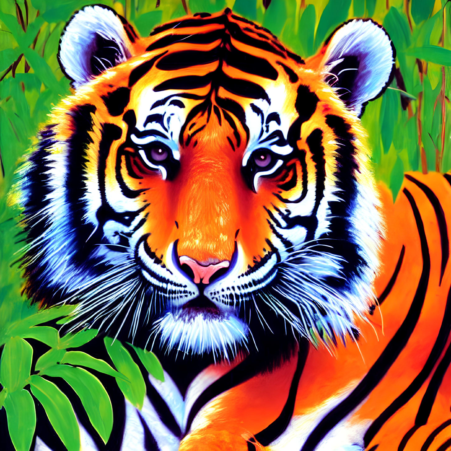 Colorful Tiger Face Art Against Green Background
