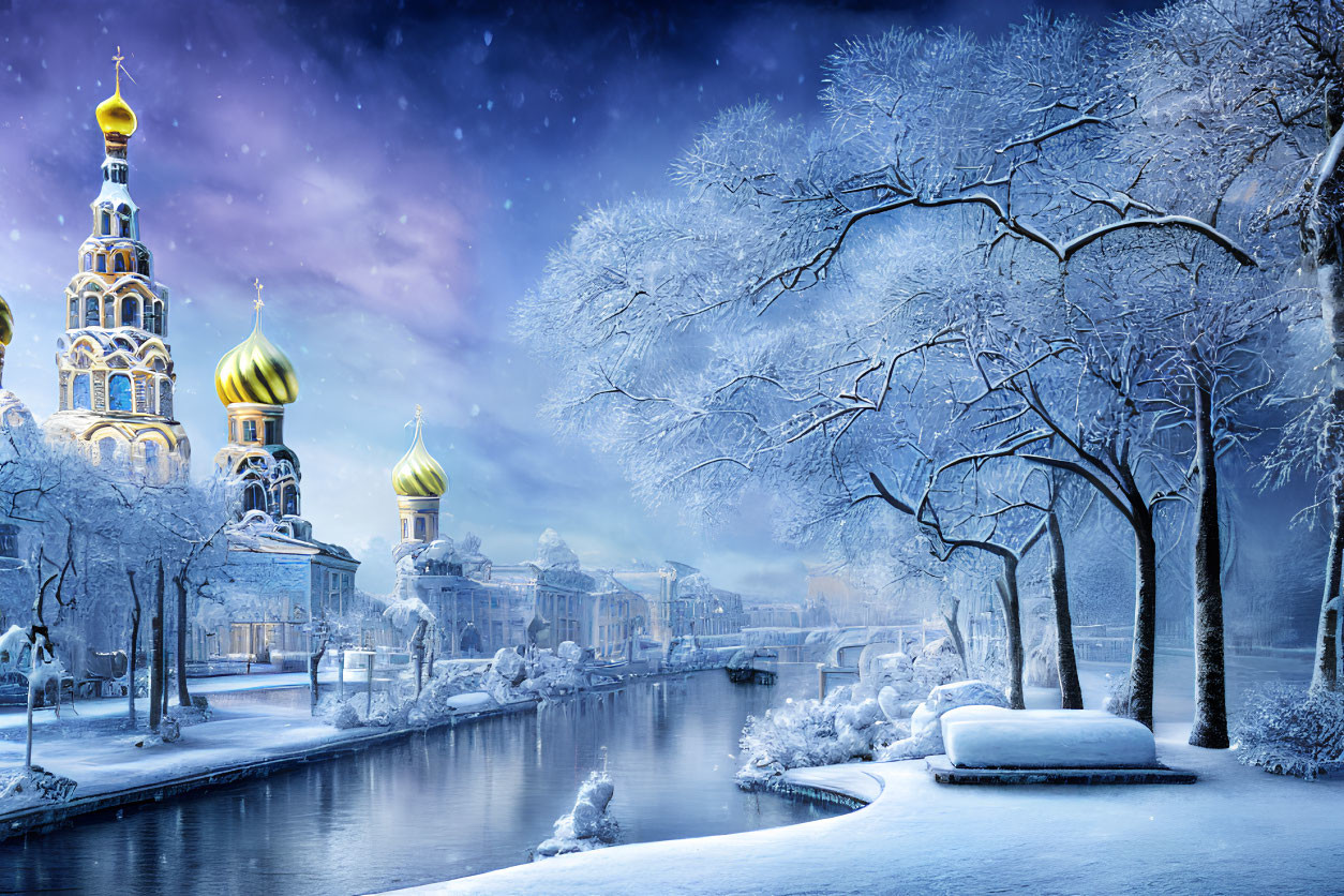 Golden-domed buildings in snow-covered winter scene with frozen river and frost-laden trees under twilight sky