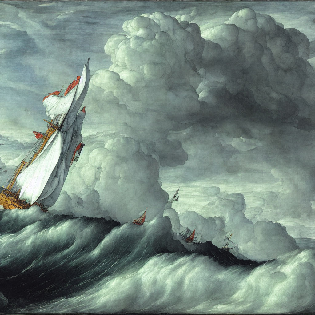 Stormy Sea Painting with Ship and Boats in Tumultuous Waters