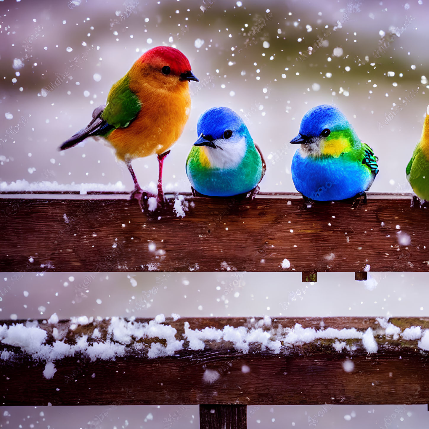 Vibrant birds on wooden fence with falling snowflakes