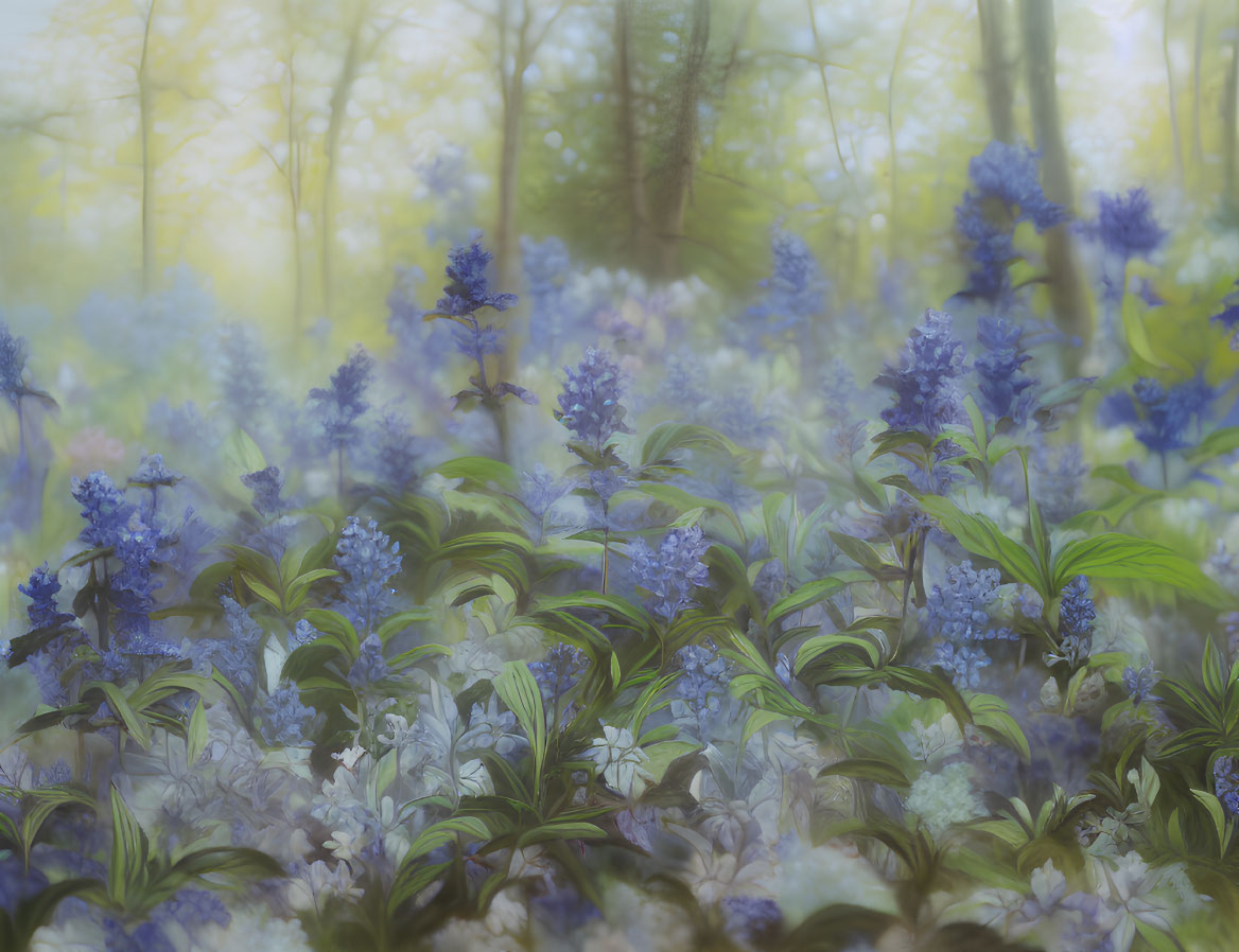 Tranquil forest landscape with blue and lilac flowers in soft-focus trees