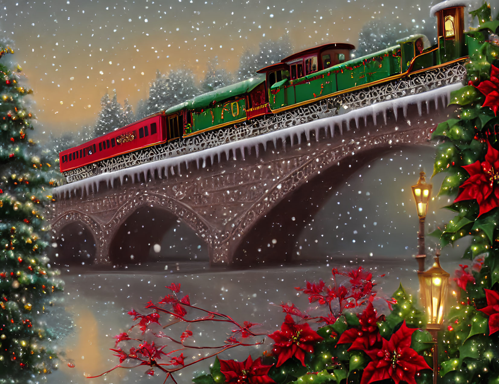 Vintage train crossing snow-covered bridge with Christmas decorations and poinsettias in gentle snowfall at dusk