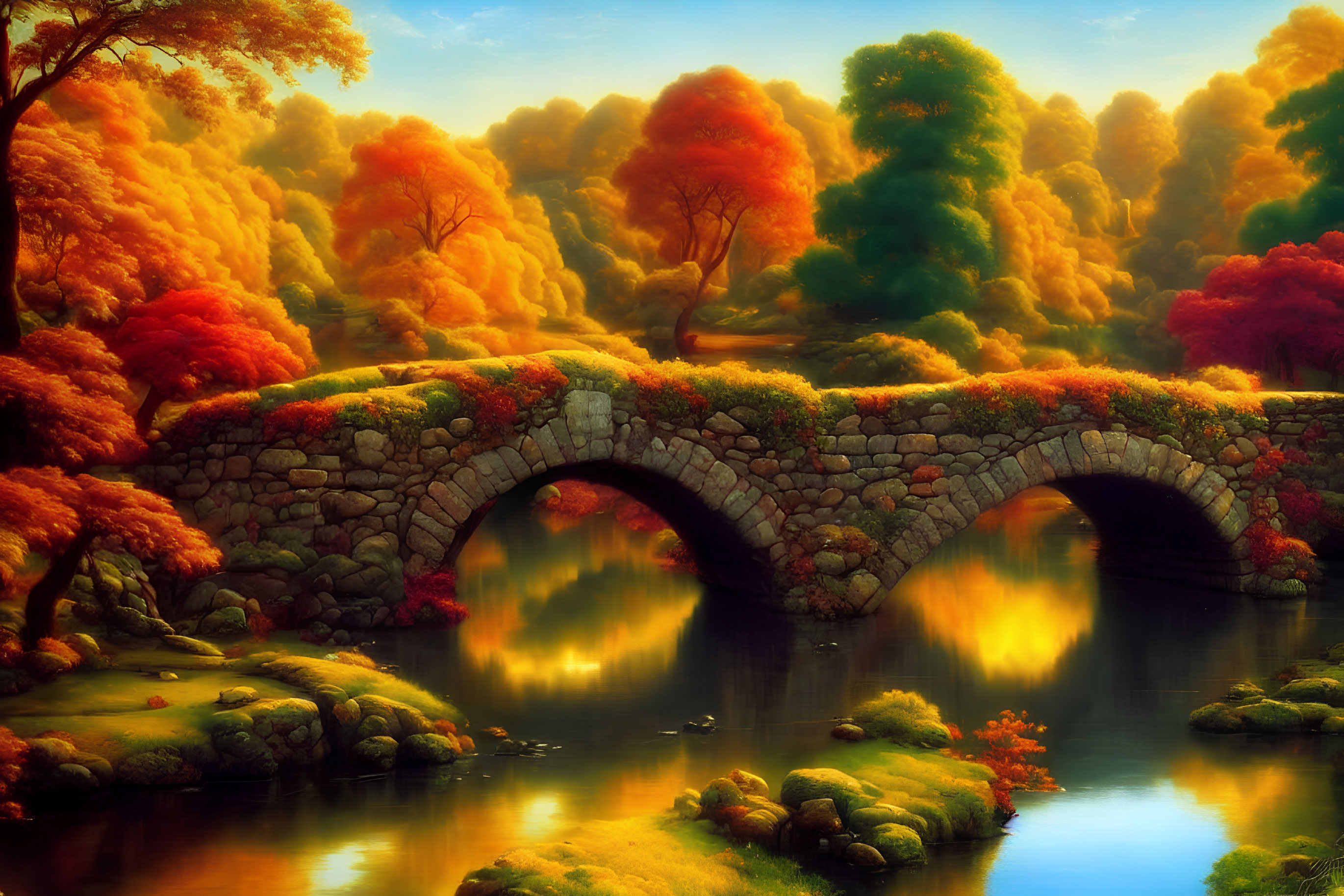 Tranquil autumn landscape with stone bridge and colorful foliage