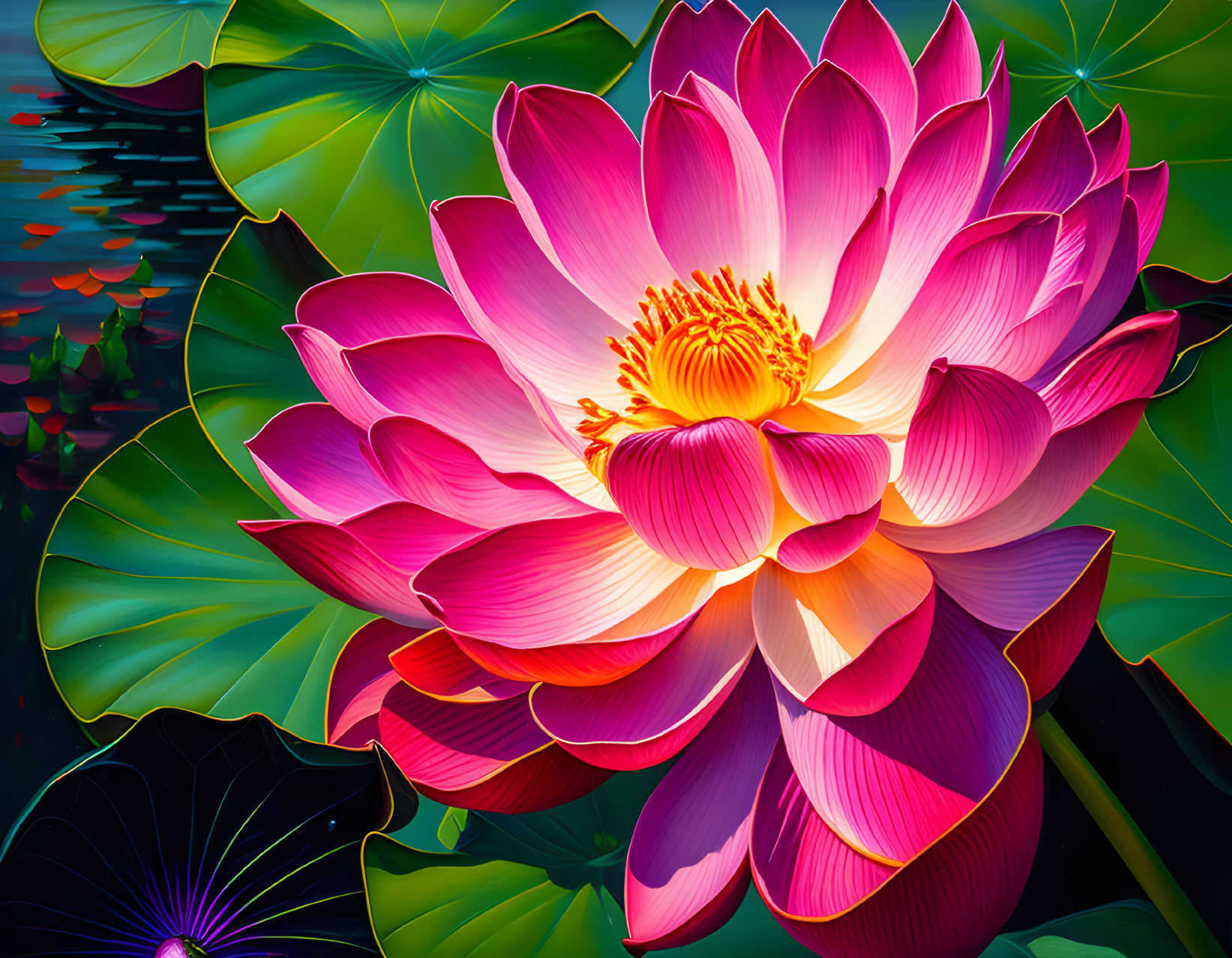 Vibrant digital art: Large pink lotus flower with detailed petals and green lily pads on