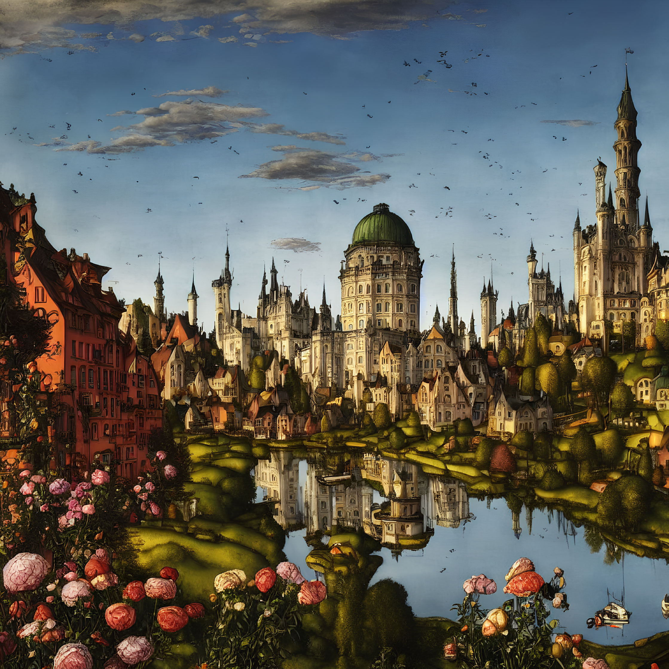 Fantastical cityscape with castle, river reflection, dramatic sky, and vibrant flowers