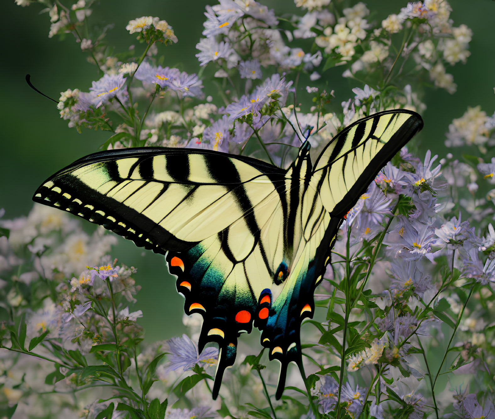 Colorful Butterfly on Purple Flowers in Green Background