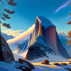 Snow-covered cliffs at sunrise with lightning strike in animated winter landscape