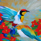 Colorful Painting of Exotic Birds Among Flowers on Textured Background