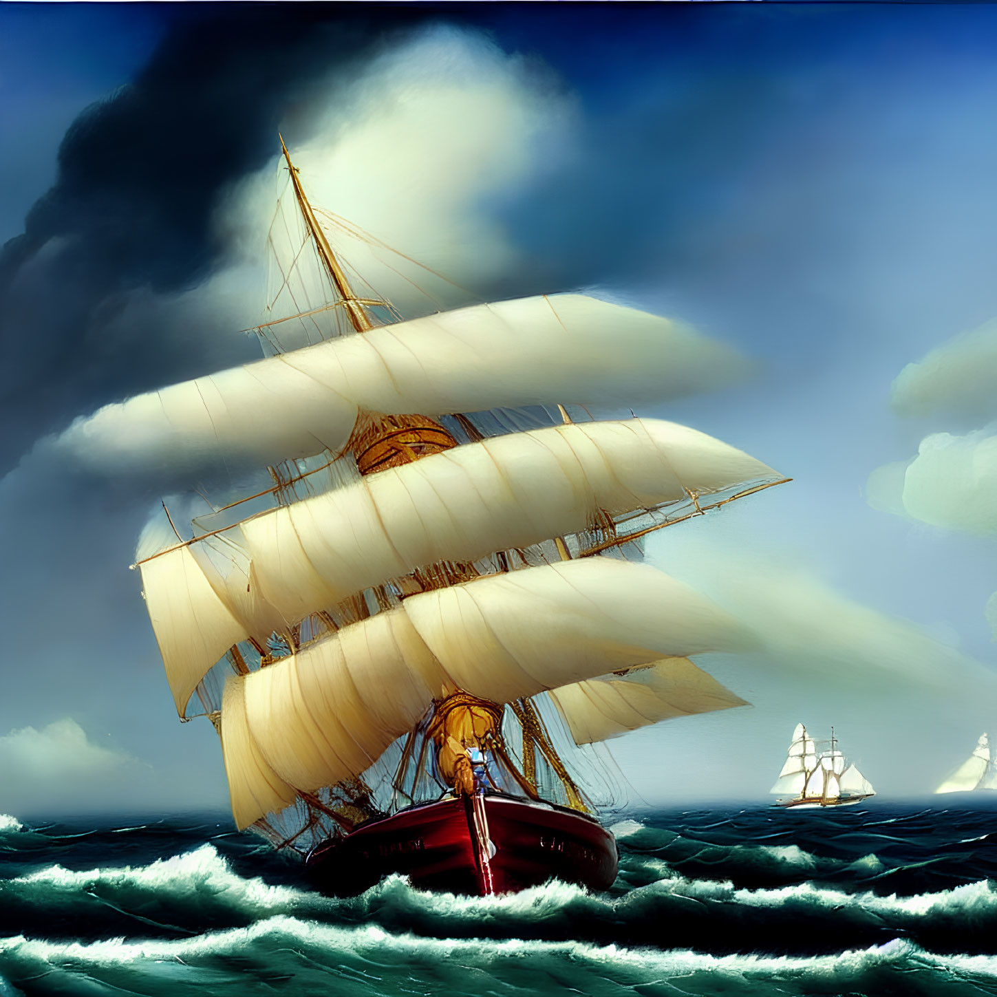 Sailing ship with white sails on turbulent seas under dramatic sky
