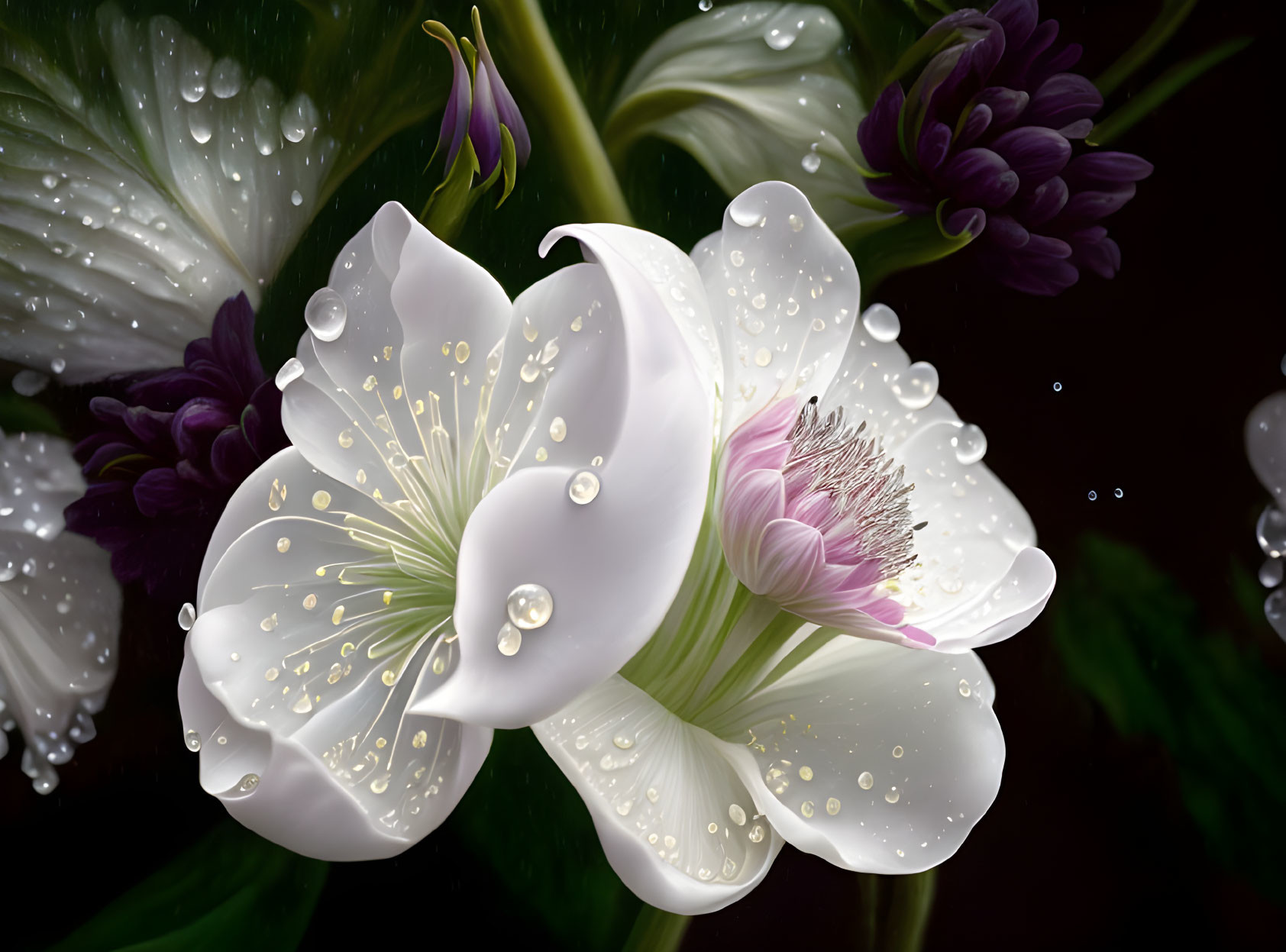 White Blossoms with Dewdrops Surrounded by Lush Greenery and Purple Flowers