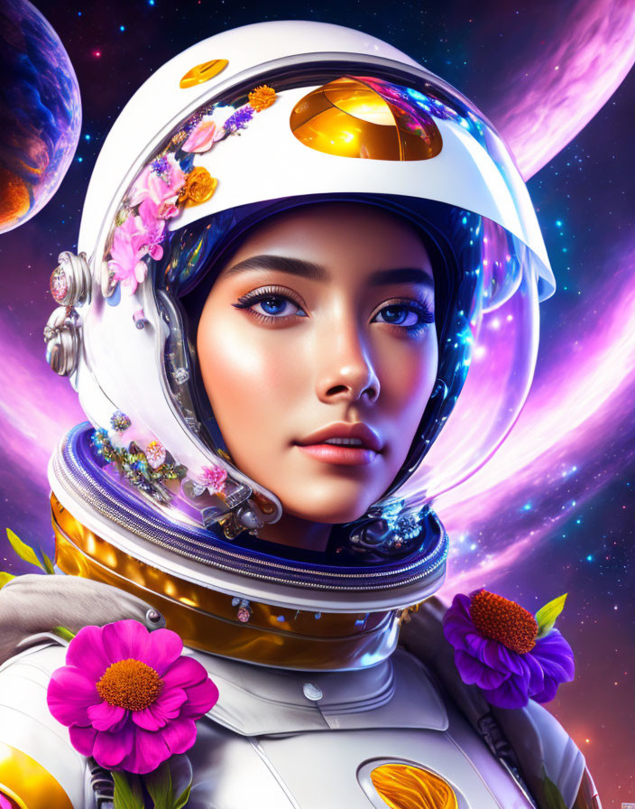 Detailed Woman Astronaut Artwork with Floral Helmet in Cosmic Scene