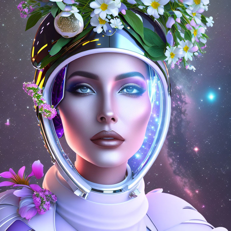 Digital artwork: Woman in space helmet with vibrant flowers on cosmic background