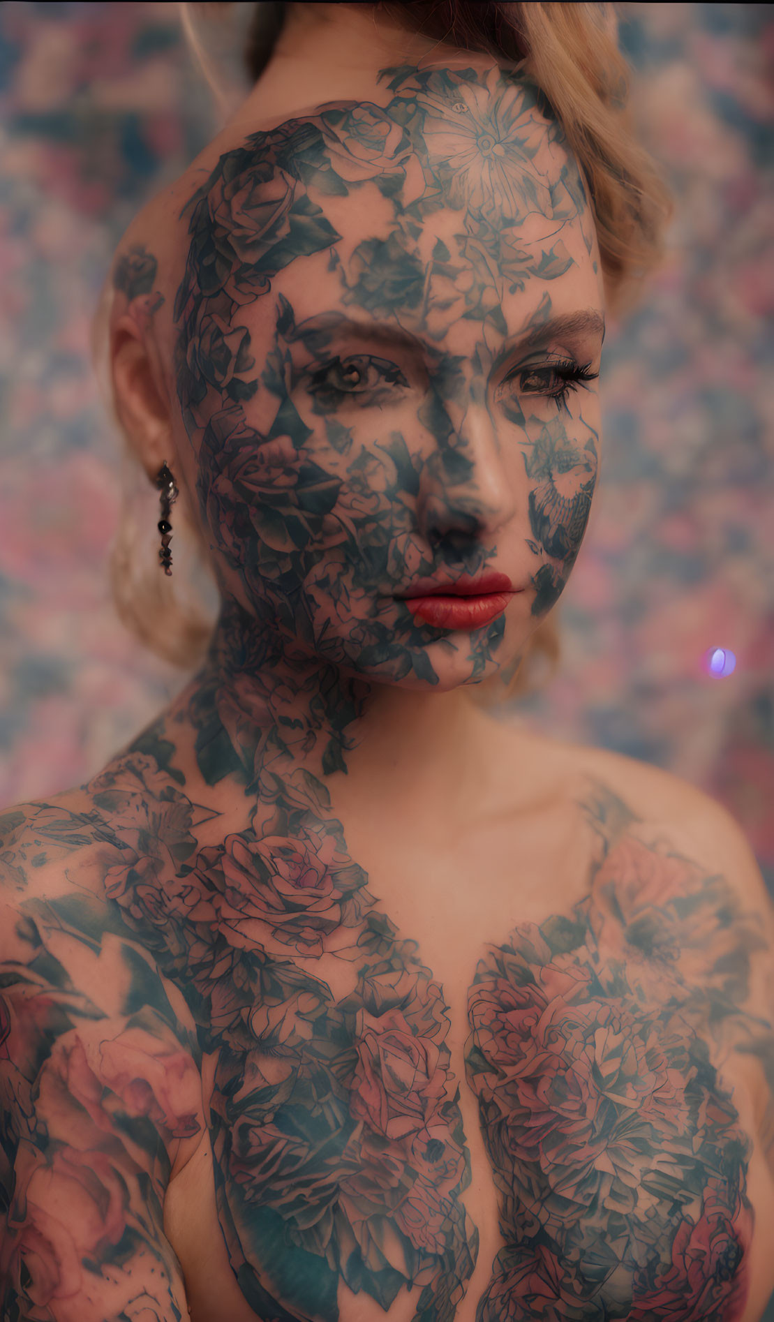 Floral tattoos on person against complementary background