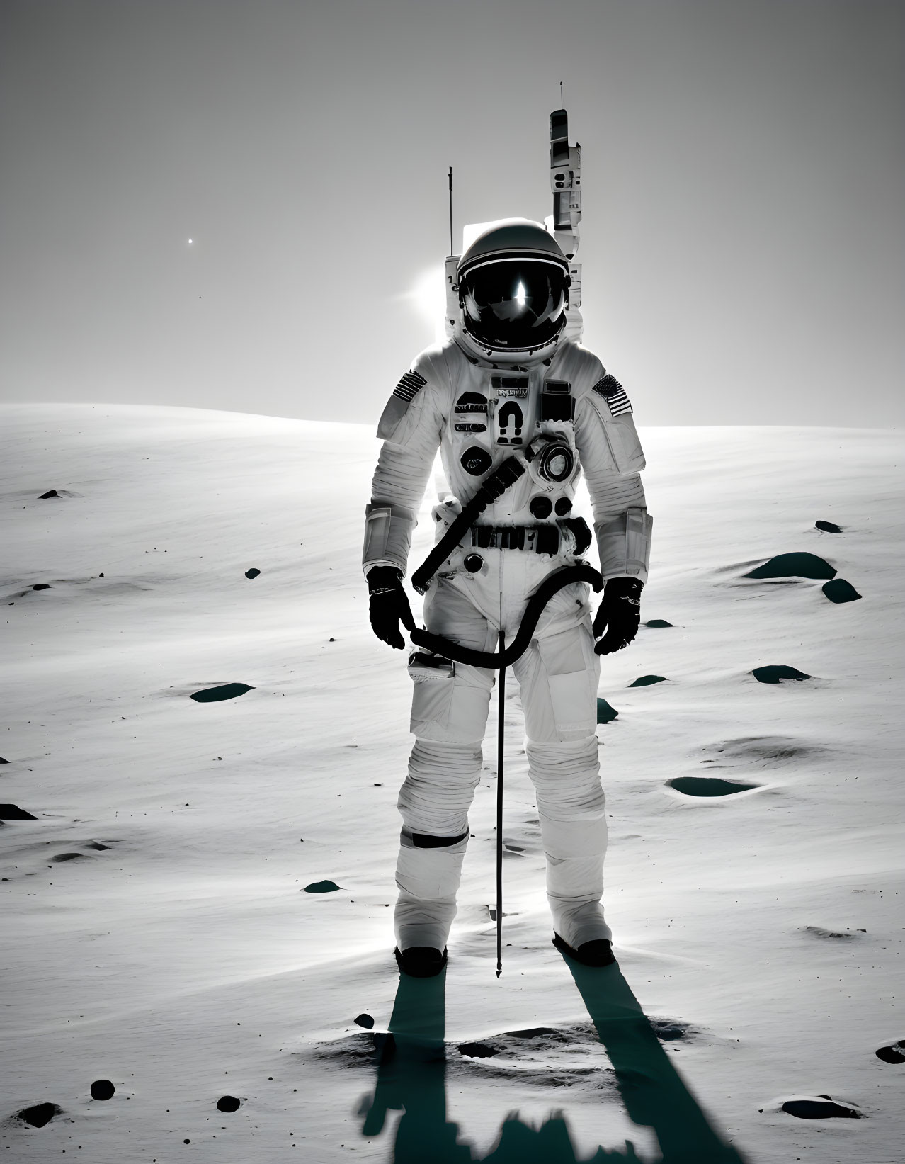Astronaut in white space suit on lunar surface with Earth in background