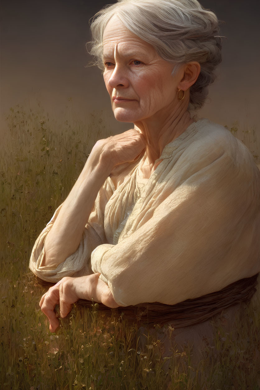 Elderly woman with white hair in beige blouse gazes into the distance in a field