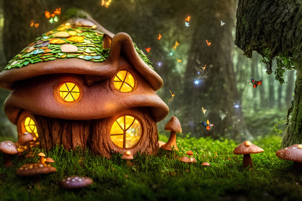 Enchanted forest scene with whimsical mushroom house and magical sparks.