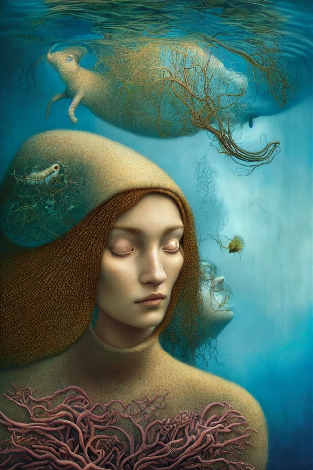 Surreal artwork of woman submerged in water with marine life and coral integration