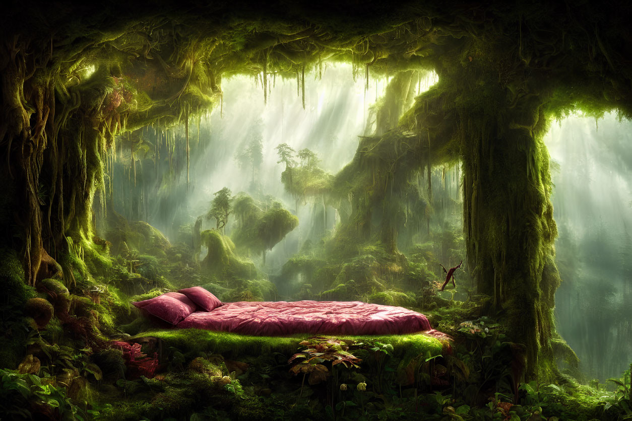 Enchanted forest with moss-covered trees and red bed in misty sunlight