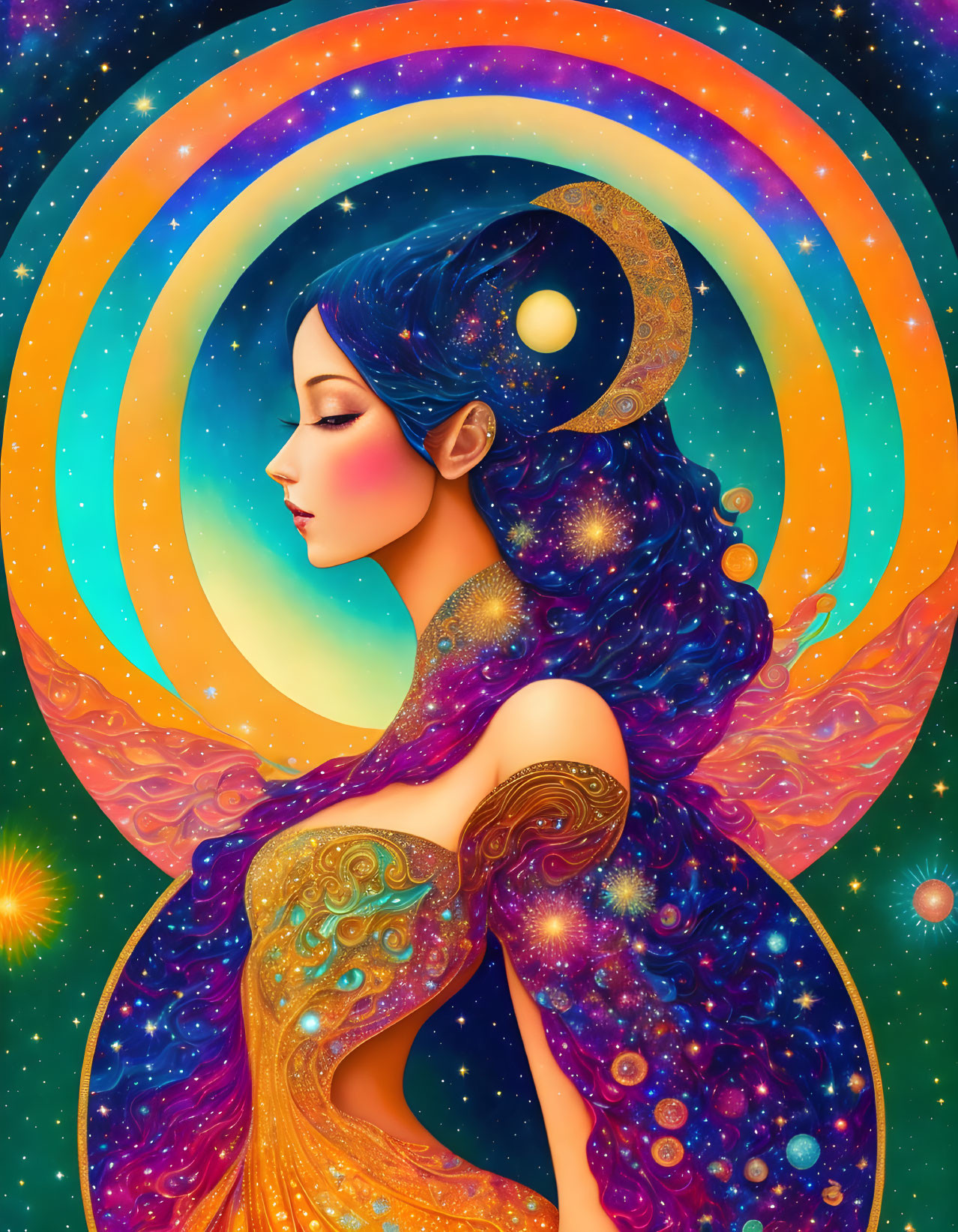 Colorful cosmic artwork: Celestial woman with starry hair and serene expression surrounded by rainbow rings