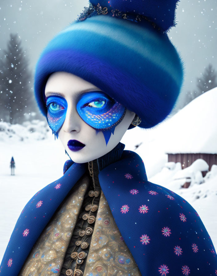 Blue-skinned character with artistic makeup in snowy landscape wearing star-patterned hat and coat.