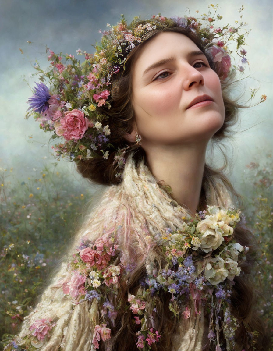 Serene woman in floral wreath and shawl on blooming meadow