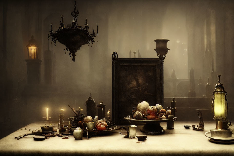 Dimly Lit Room with Candles, Fruit Table, Chandelier, and Foggy Windows