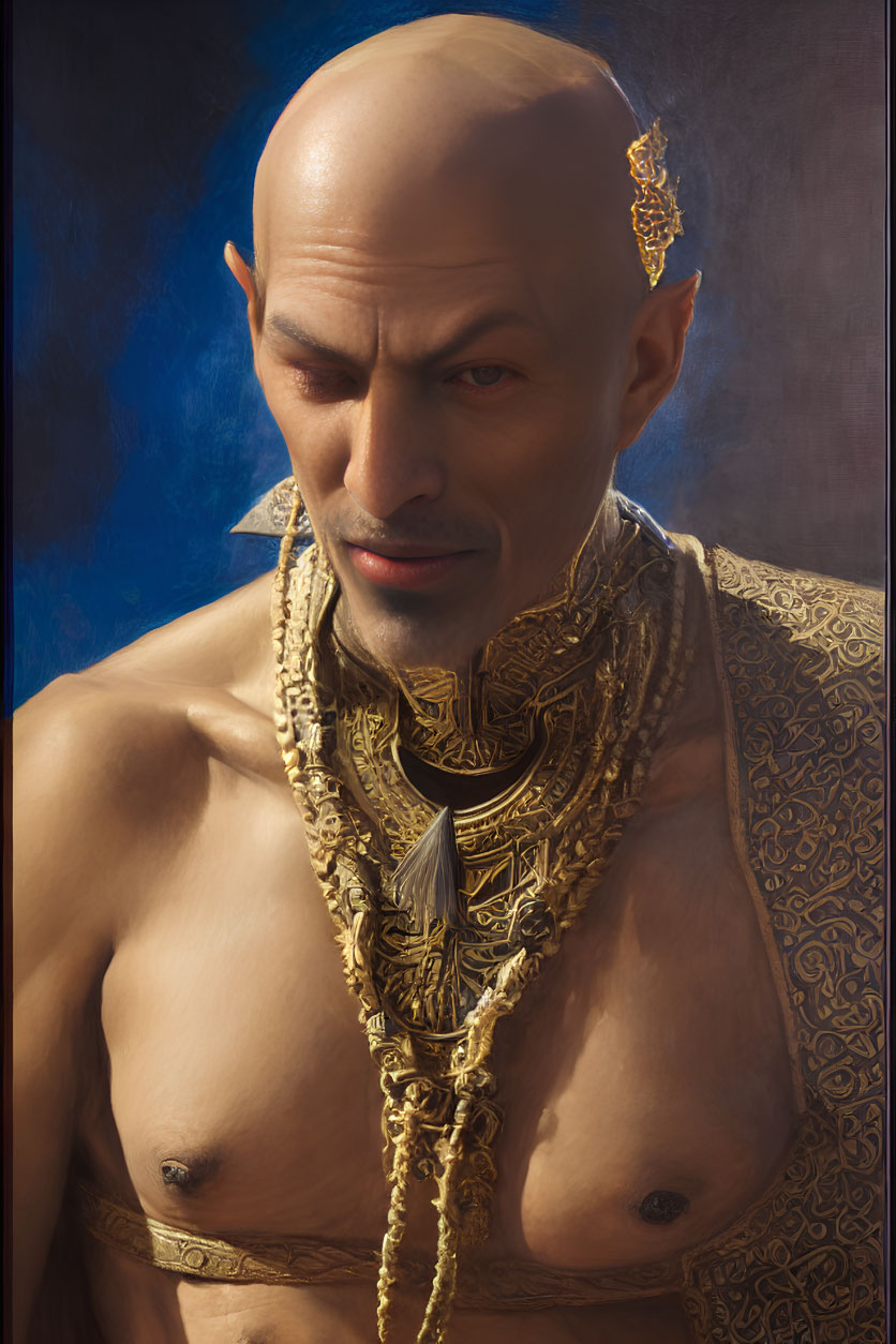 Bald Man in Golden Jewelry and Patterned Garments